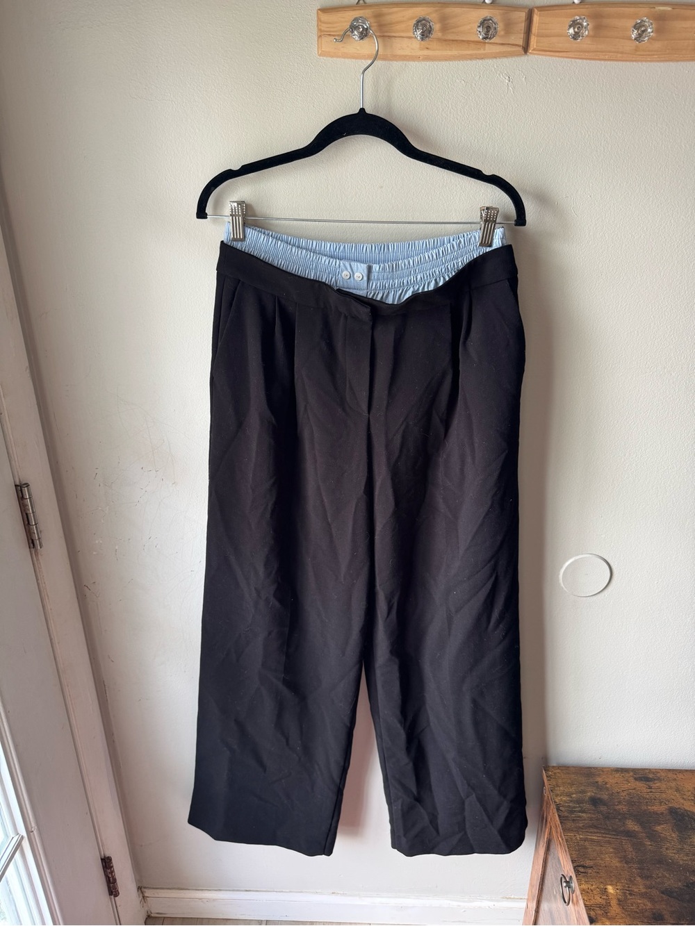 Zara Black Wide Leg Trousers Layered Boxer Waistband Pleated Blue M AS IS
